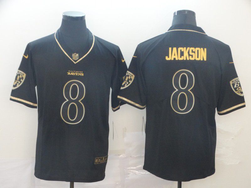 Men Baltimore Ravens #8 Jackson Black Retro gold character Nike NFL Jerseys